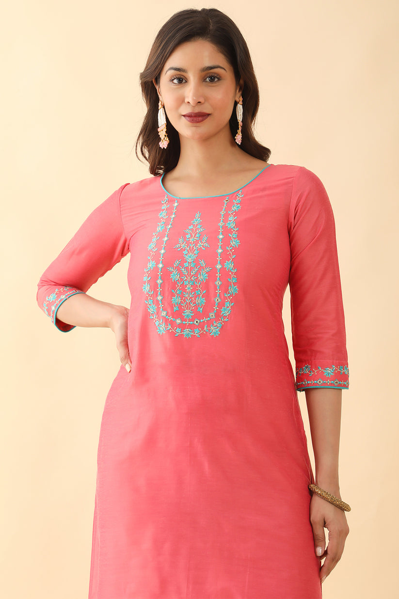 Floral Embroidered With Foil Mirror Embellished Kurta Set Pink Blue