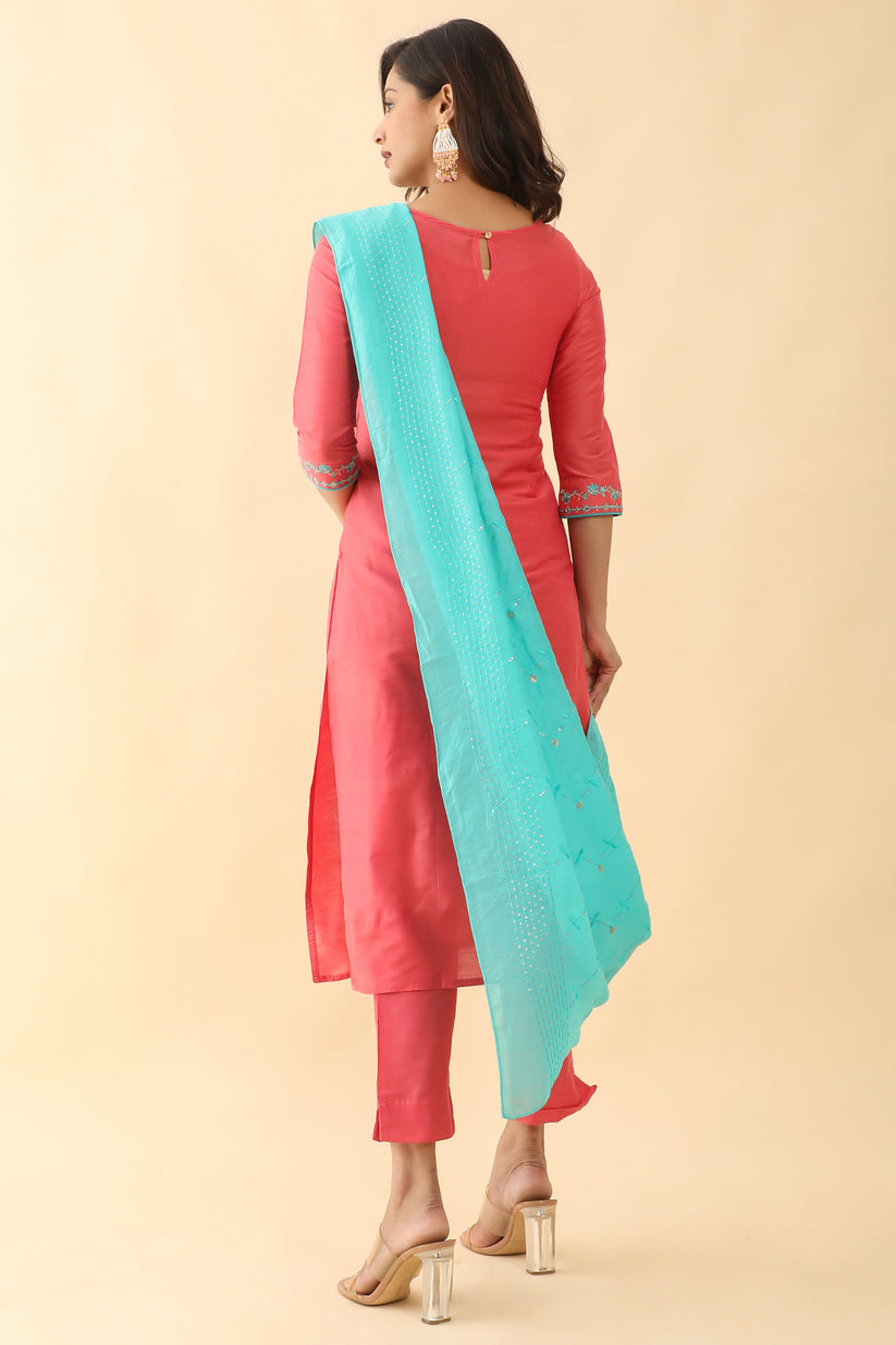 Floral Embroidered With Foil Mirror Embellished Kurta Set Pink Blue
