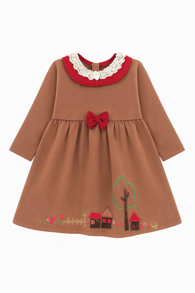 Rust Brown Meadow Embroidered Collar Frock
