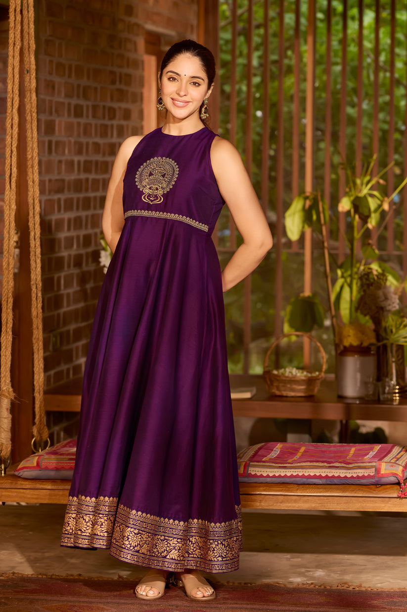 Purple A-Line Anarkali with Kathakali Embroidery & Halter Neck