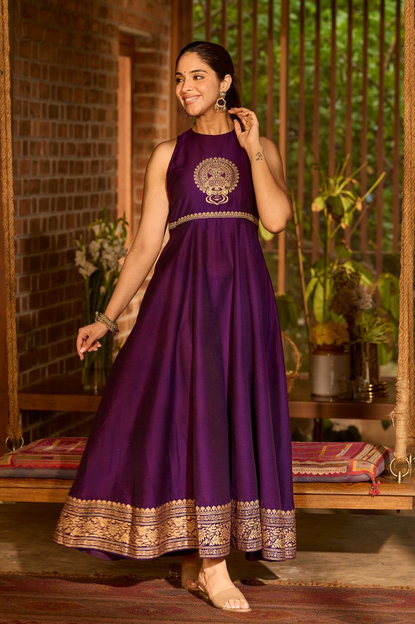 Purple A-Line Anarkali with Kathakali Embroidery & Halter Neck