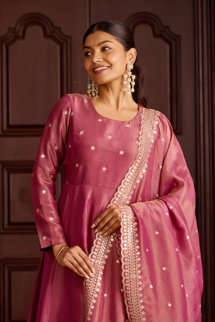 Metallic Pink Anarkali Sequin Embellished with Dupatta