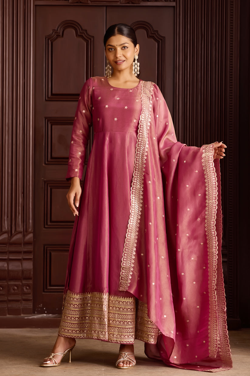Metallic Pink Anarkali Sequin Embellished with Dupatta