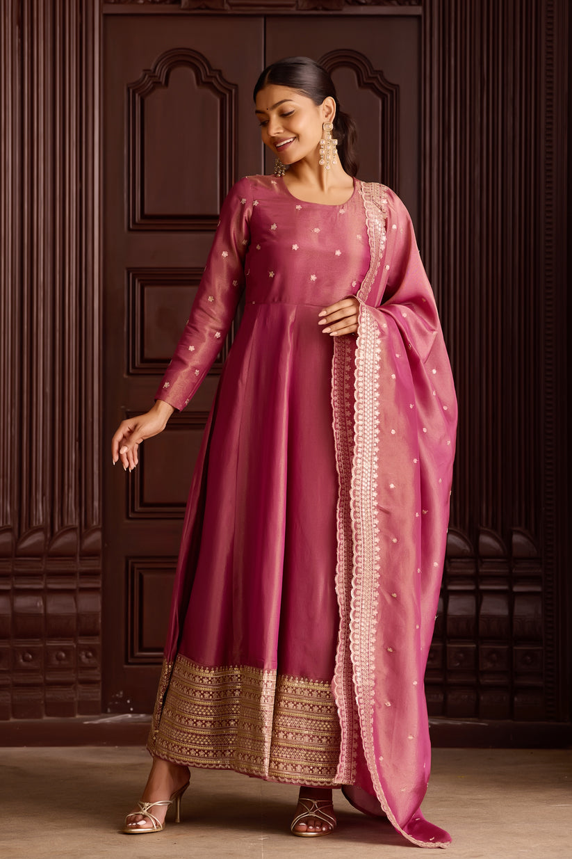 Metallic Pink Anarkali Sequin Embellished with Dupatta