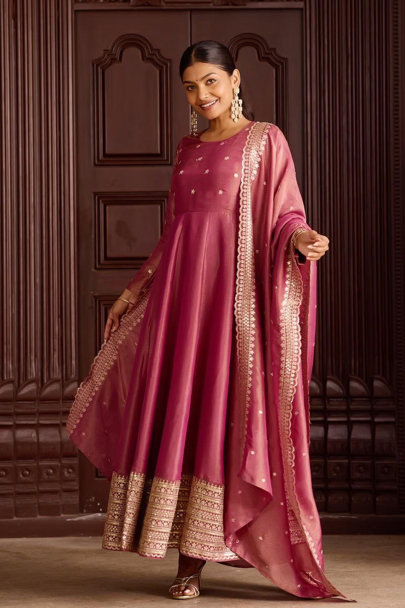Metallic Pink Anarkali Sequin Embellished with Dupatta