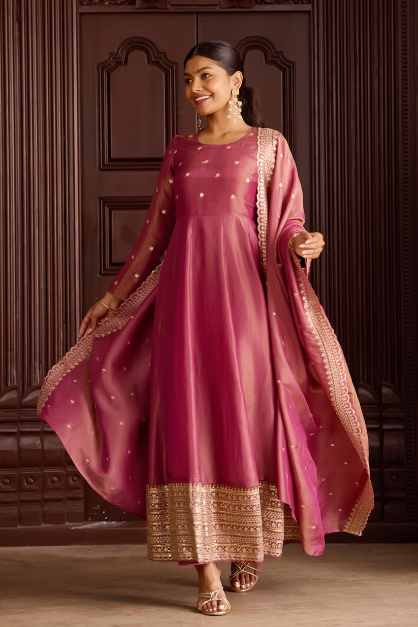 Metallic Pink Anarkali Sequin Embellished with Dupatta