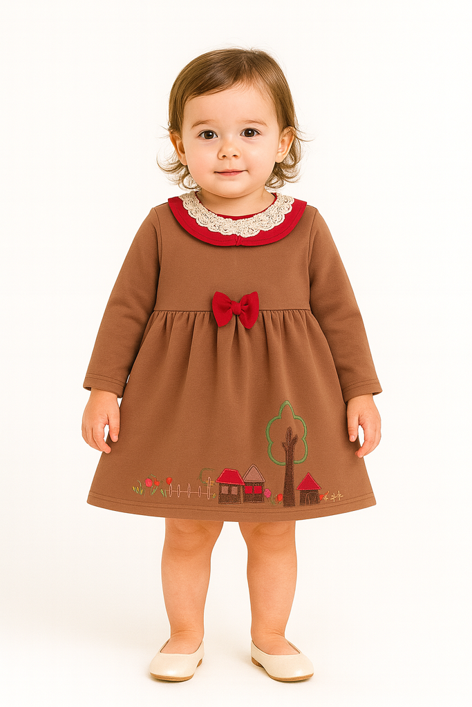Rust Brown Meadow Embroidered Collar Frock