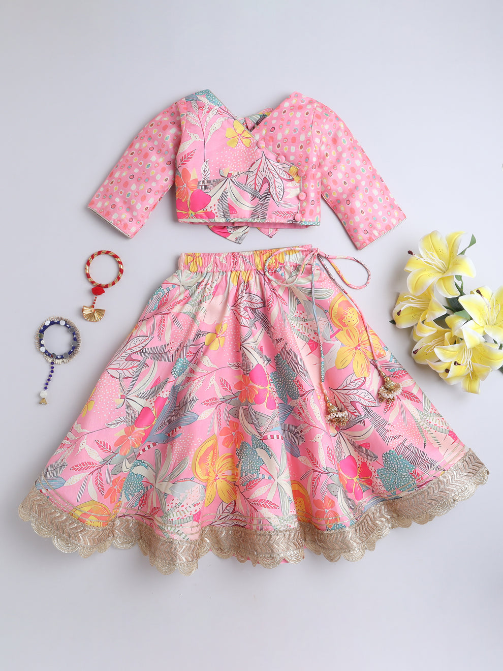 Pink Floral Printed Lehenga Choli Set for Girls
