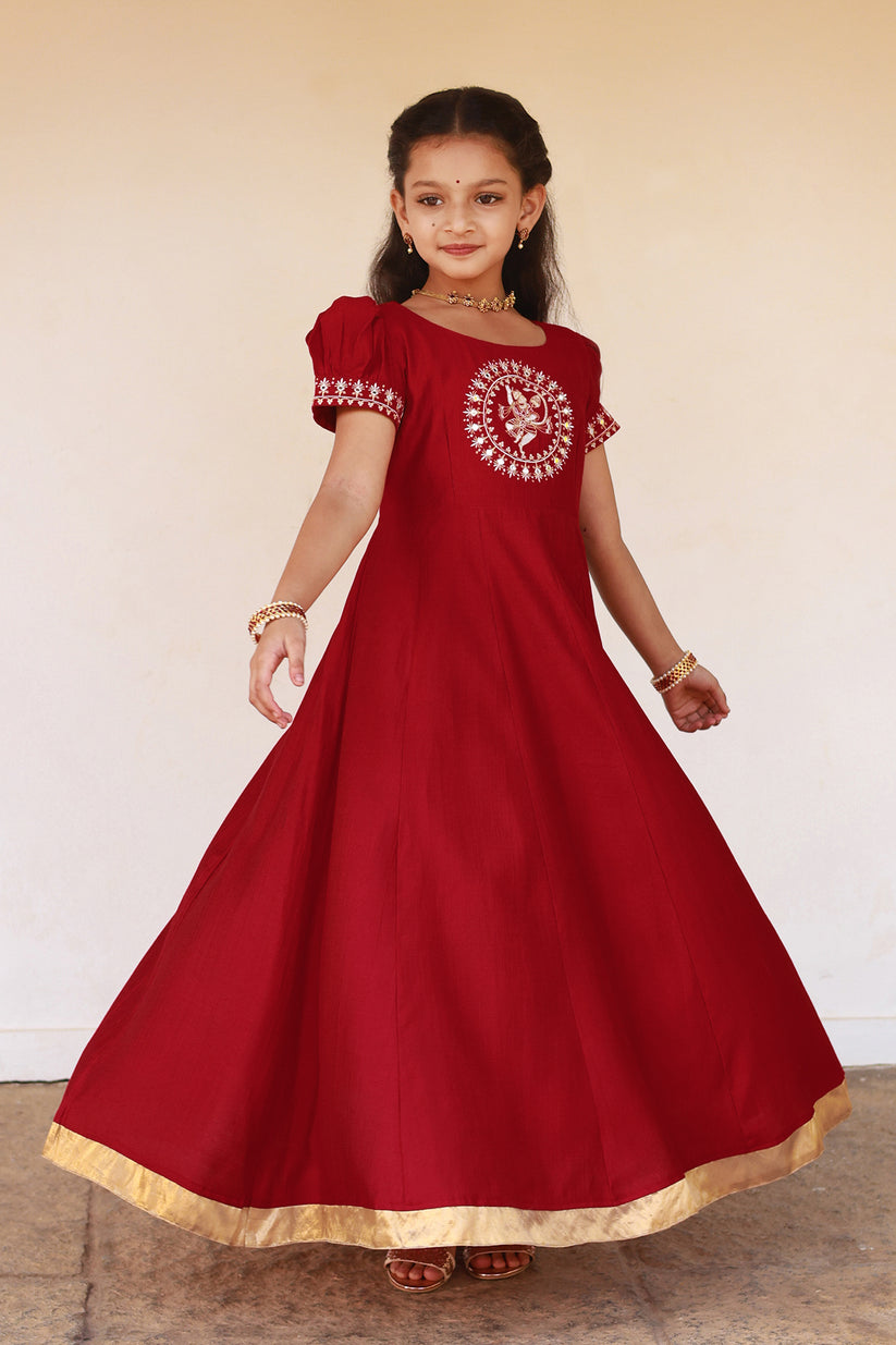 Hanuman Motif Embroidered With Foil Mirror Embellished Kids Anarkali Red