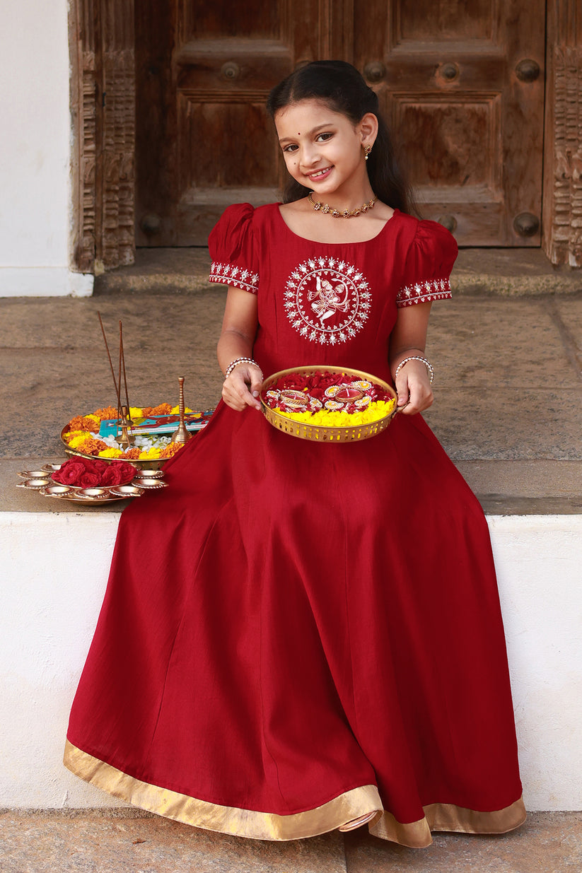 Hanuman Motif Embroidered With Foil Mirror Embellished Kids Anarkali Red