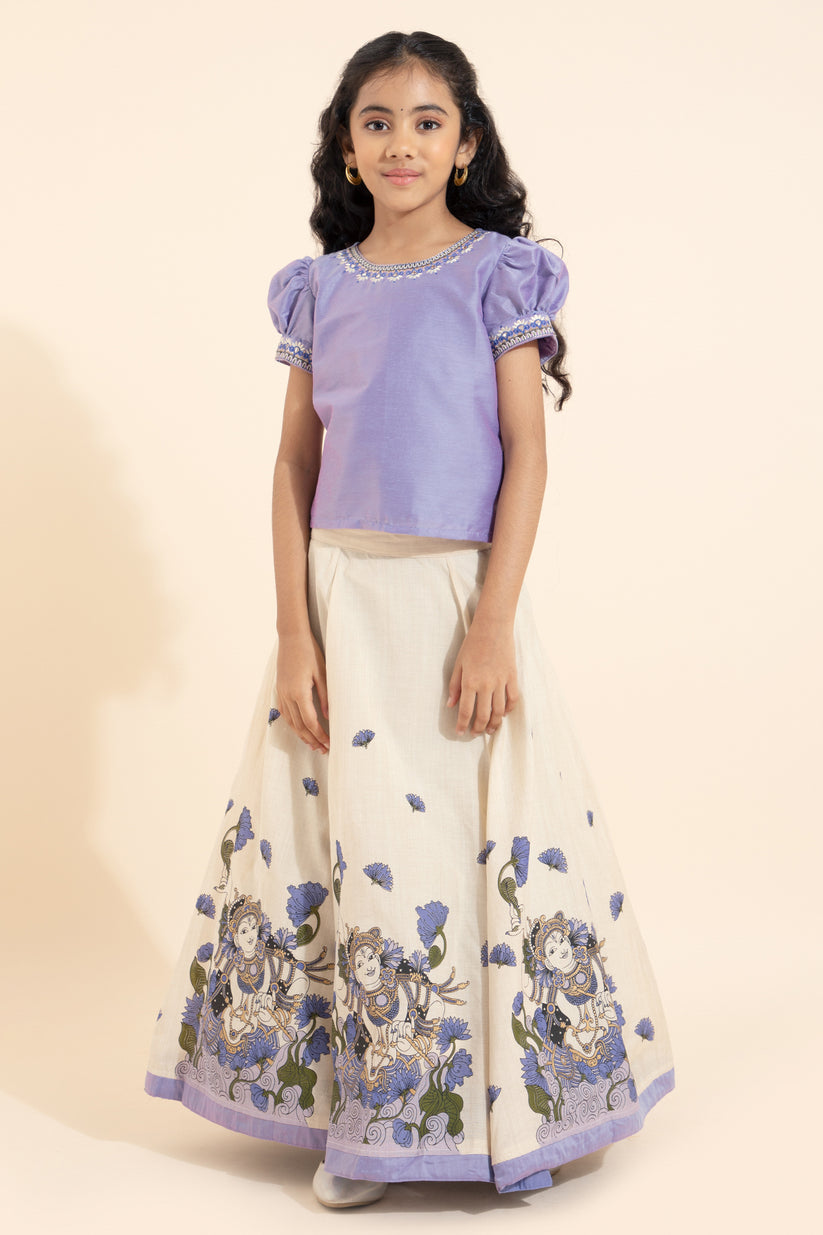 Krishna Mural Printed Skirtset - Lavendar & Off-White