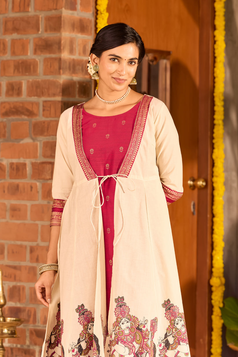 Off-White & Magenta Mural Printed Kurta with A-Line Jacket