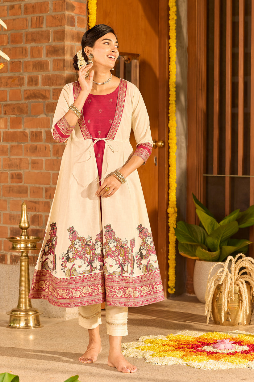Off-White & Magenta Mural Printed Kurta with A-Line Jacket