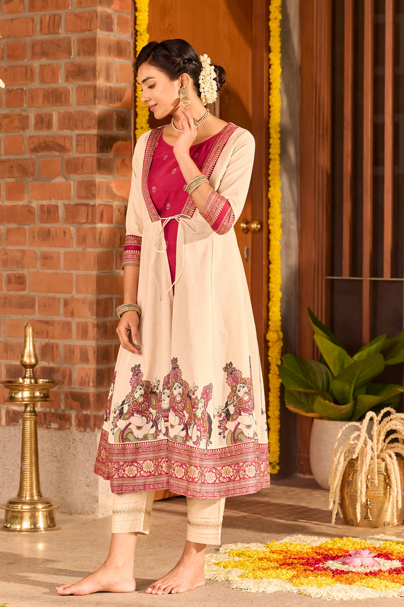 Off-White & Magenta Mural Printed Kurta with A-Line Jacket
