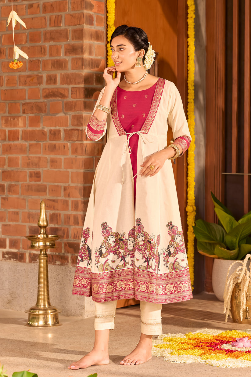 Off-White & Magenta Mural Printed Kurta with A-Line Jacket
