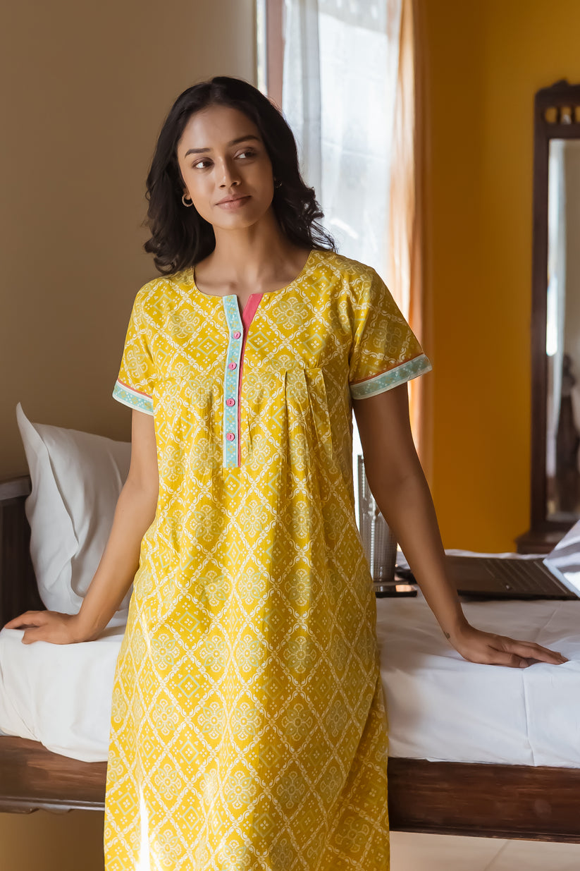 Mustard Bandhej Cotton Nightwear with Functional Button