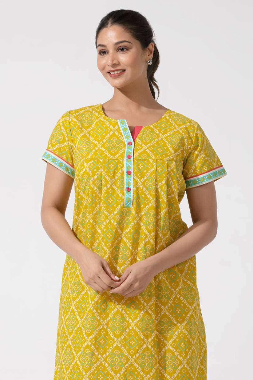 Mustard Bandhej Cotton Nightwear with Functional Button
