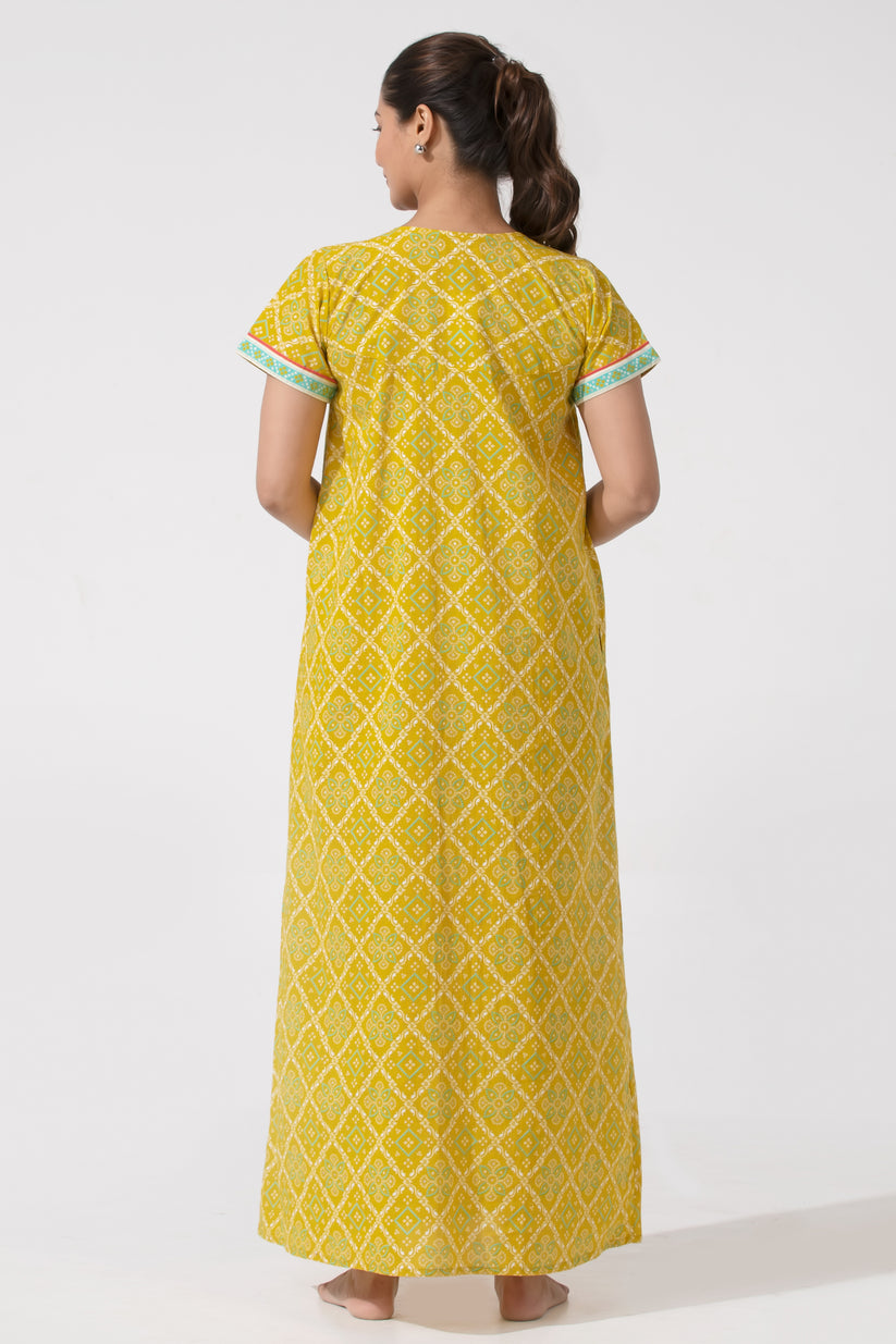Mustard Bandhej Cotton Nightwear with Functional Button