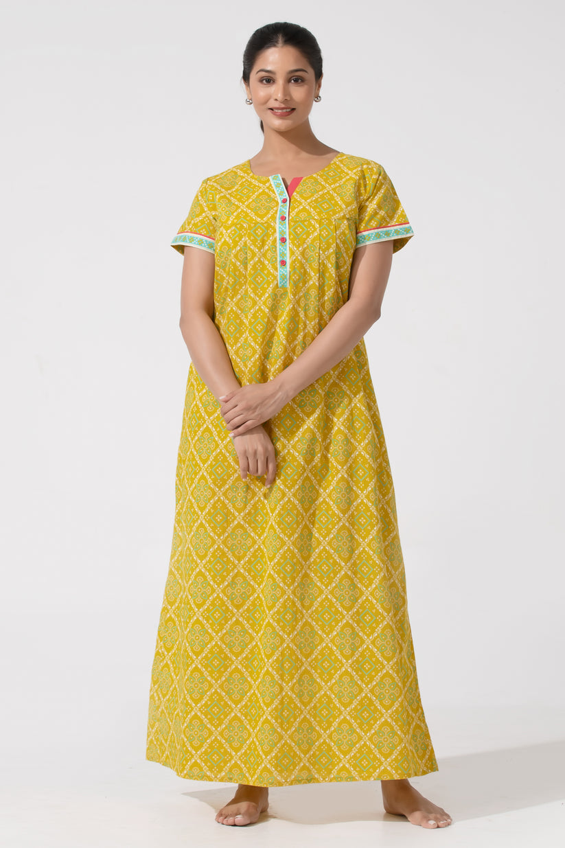 Mustard Bandhej Cotton Nightwear with Functional Button