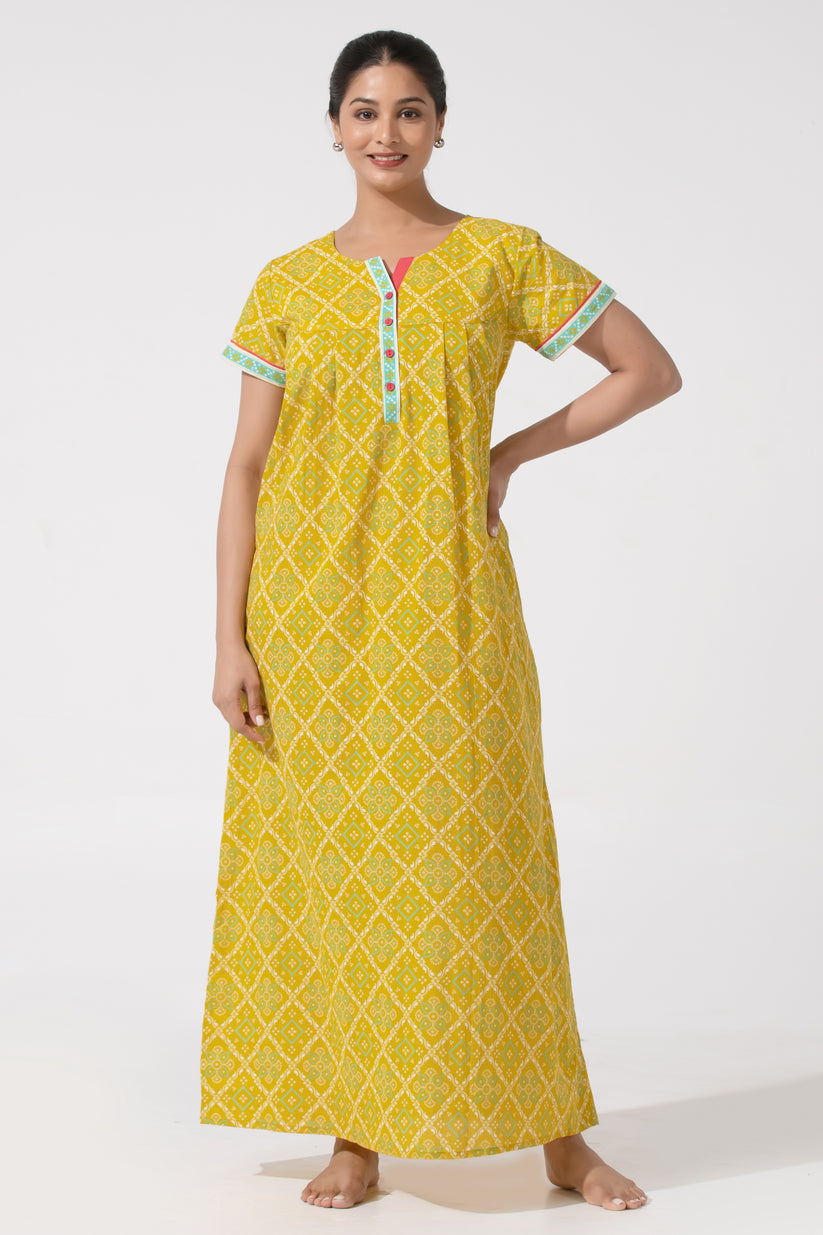 Mustard Bandhej Cotton Nightwear with Functional Button
