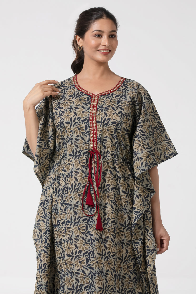 Blue Kalamkari Pinted Designed Kurti with Adjustable waist Tie Up Nighty