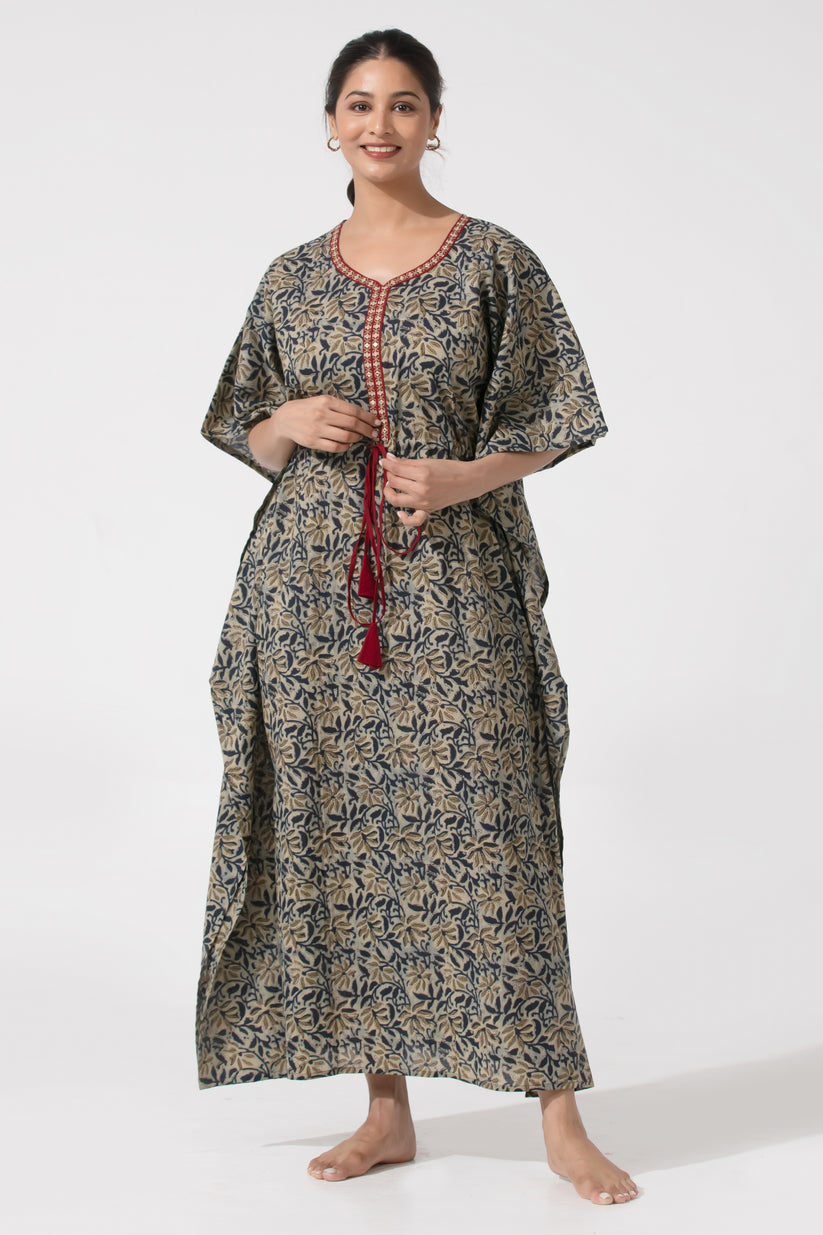 Blue Kalamkari Pinted Designed Kurti with Adjustable waist Tie Up Nighty