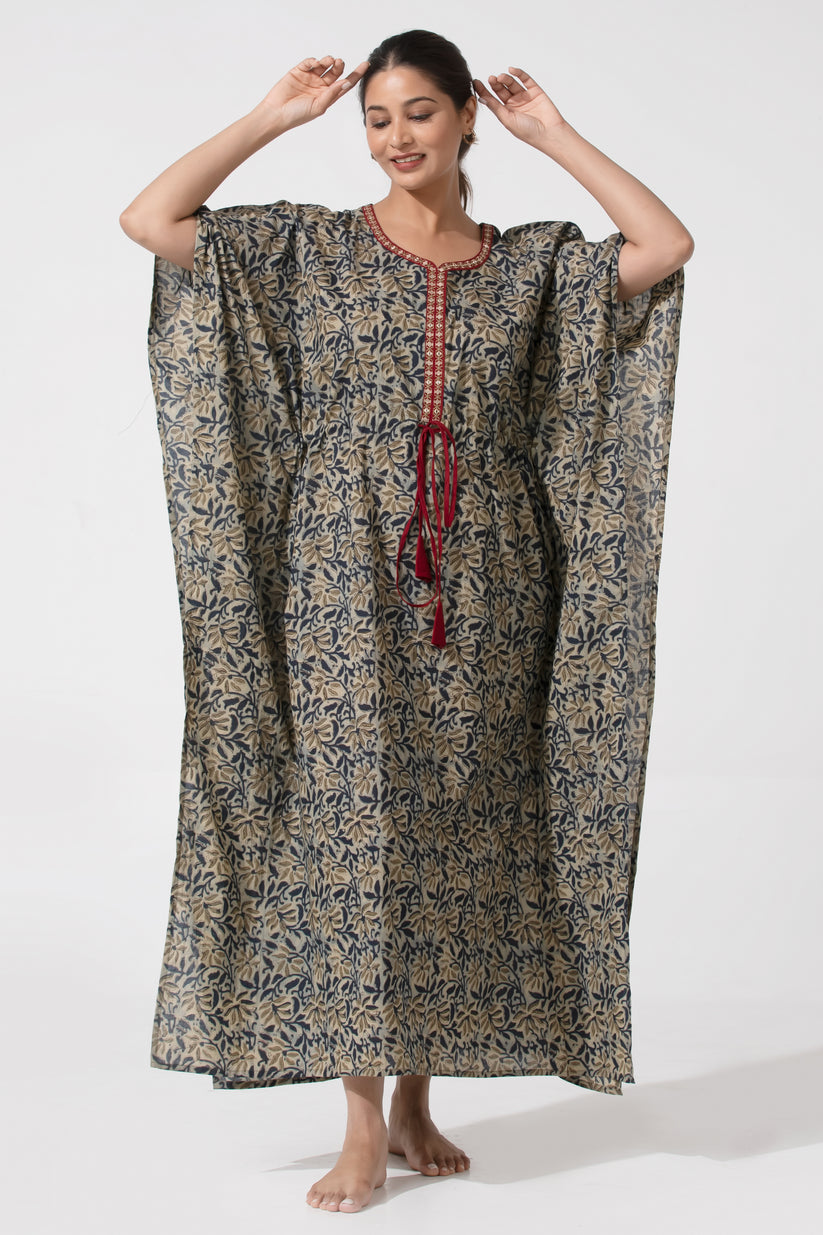 Blue Kalamkari Pinted Designed Kurti with Adjustable waist Tie Up Nighty