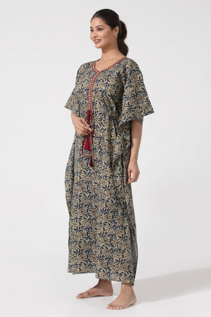 Blue Kalamkari Pinted Designed Kurti with Adjustable waist Tie Up Nighty