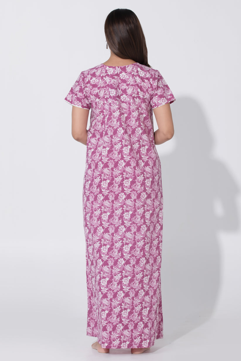 Pink Printed Nighty with Paisley Patterned Yoke