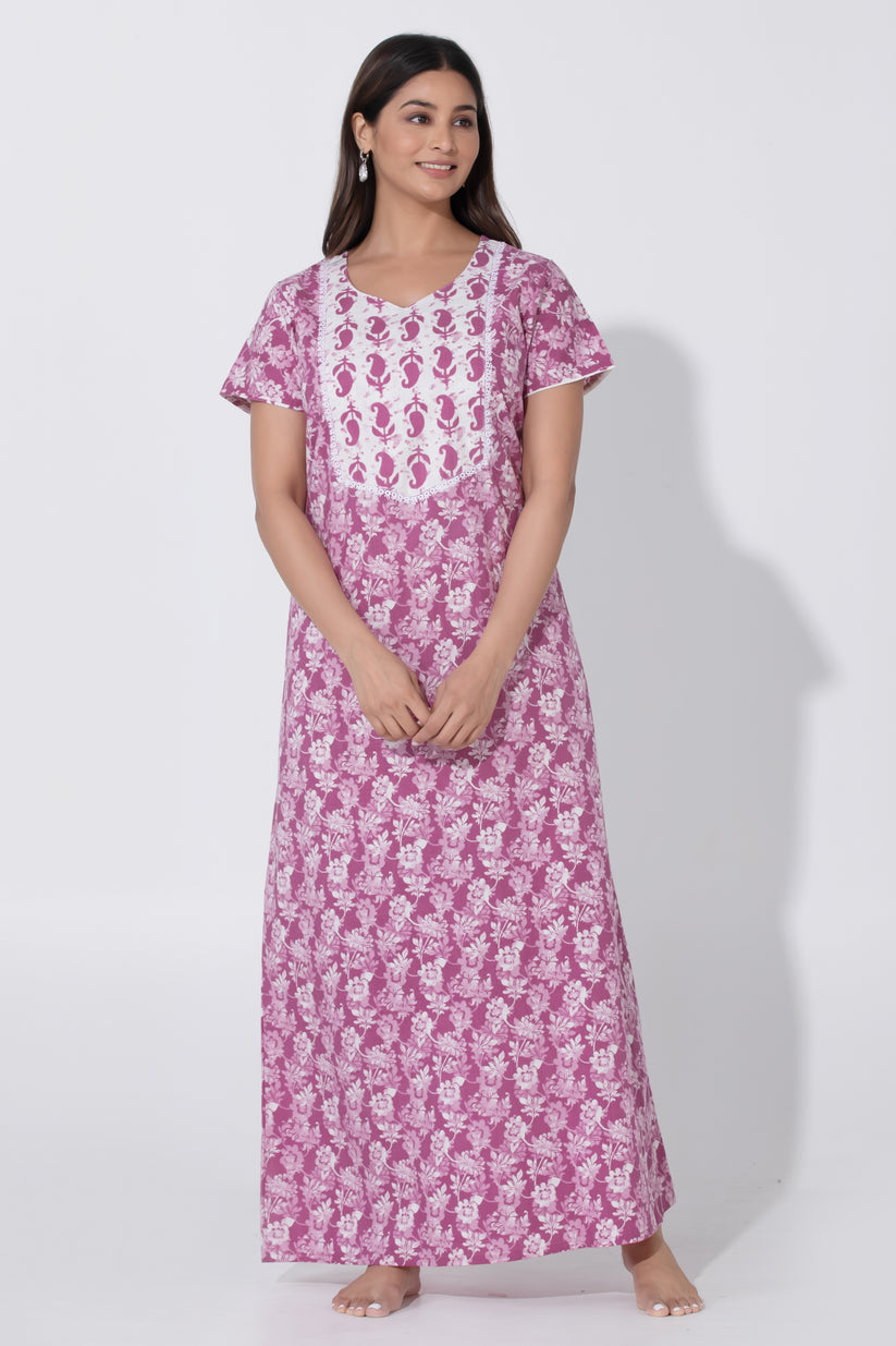 Pink Printed Nighty with Paisley Patterned Yoke