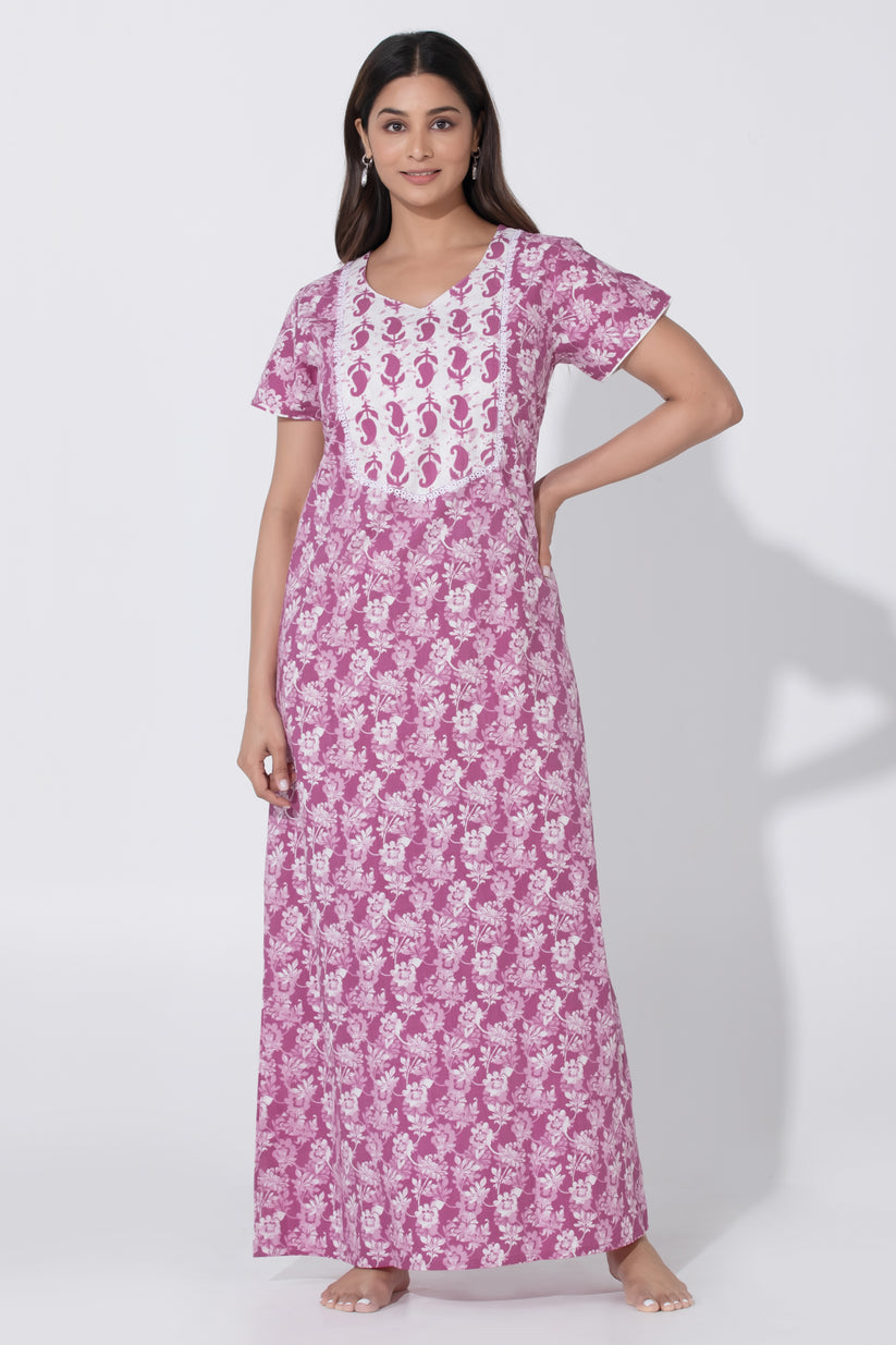 Pink Printed Nighty with Paisley Patterned Yoke