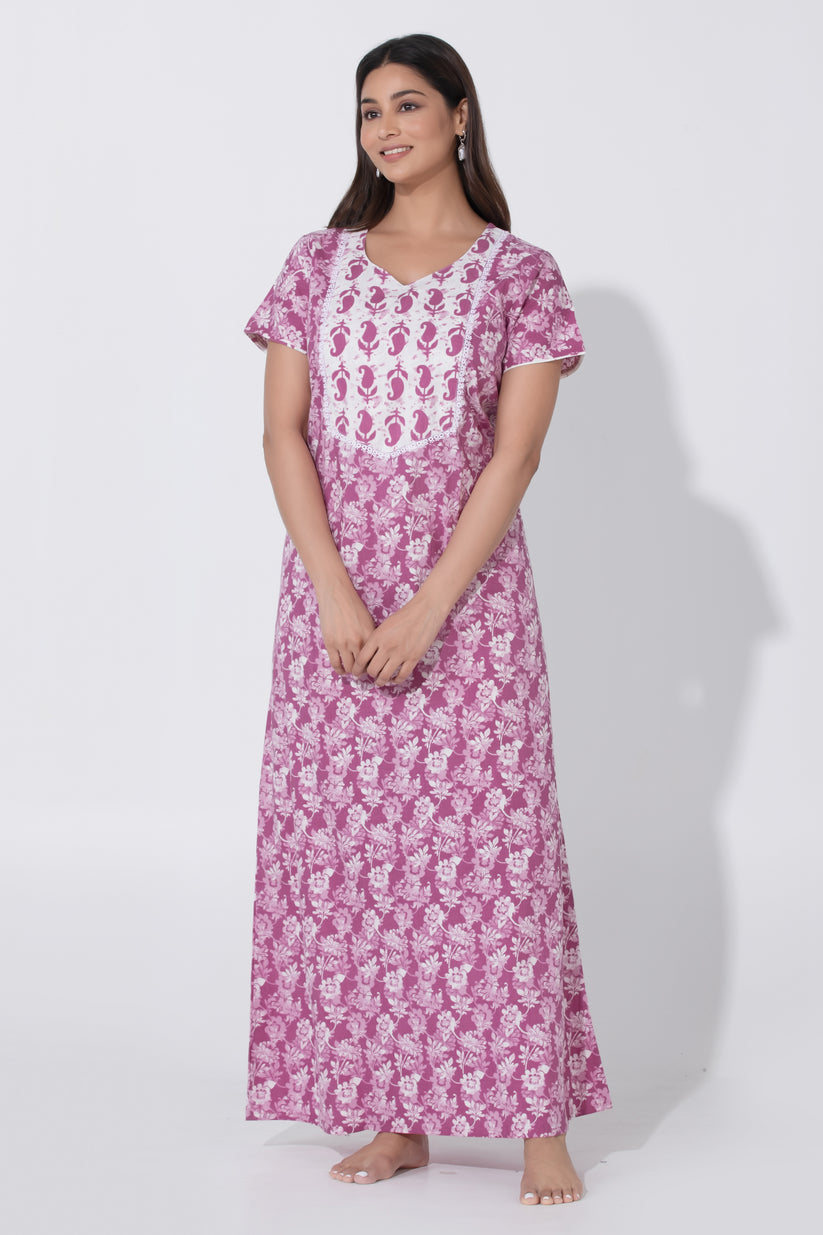 Pink Printed Nighty with Paisley Patterned Yoke