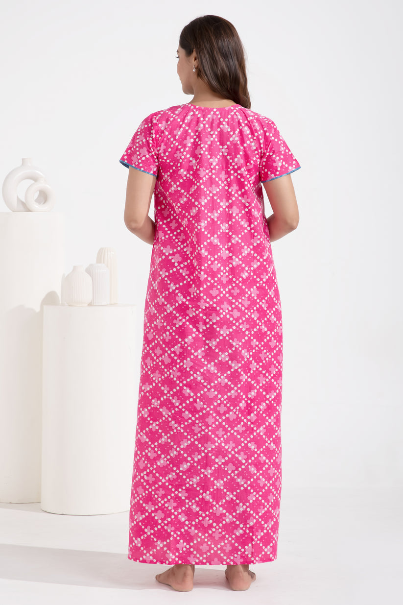 Floral Printed Front Open Pink Cotton Nighty