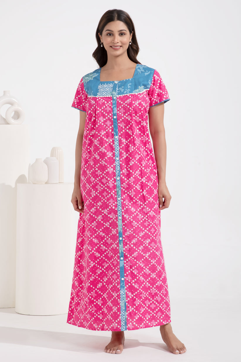 Floral Printed Front Open Pink Cotton Nighty