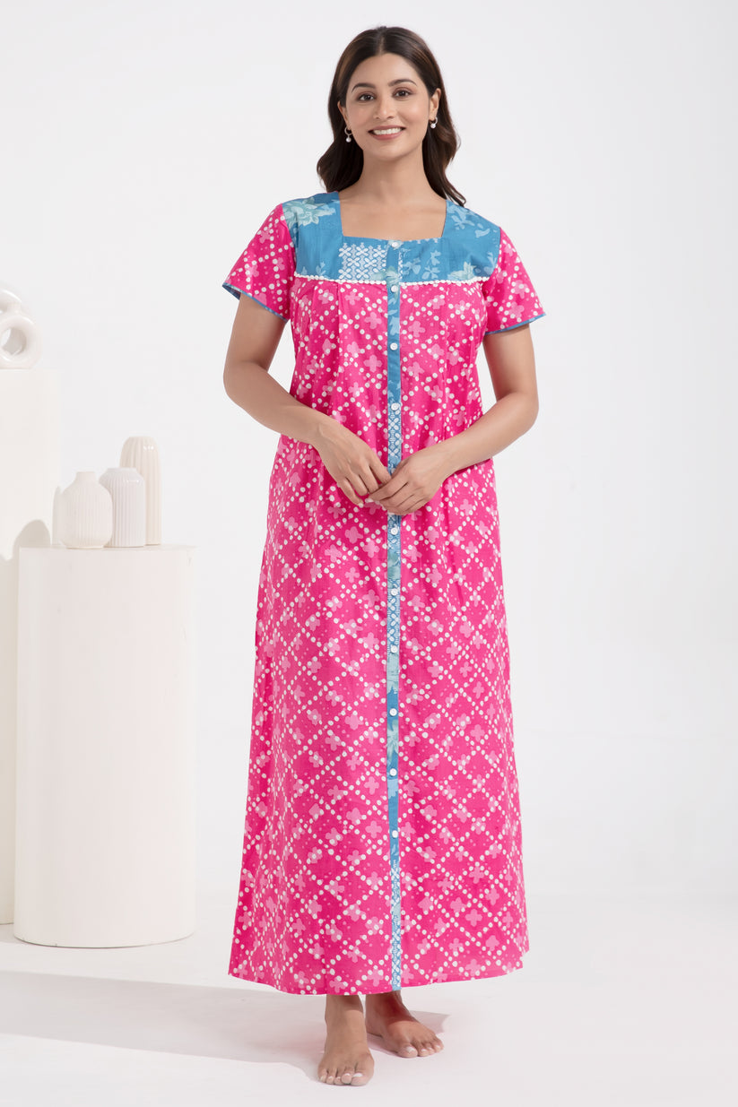Floral Printed Front Open Pink Cotton Nighty