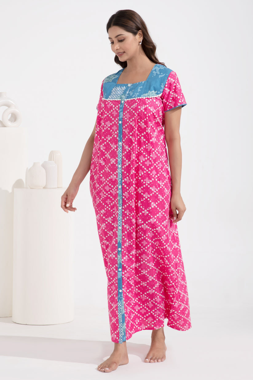 Floral Printed Front Open Pink Cotton Nighty