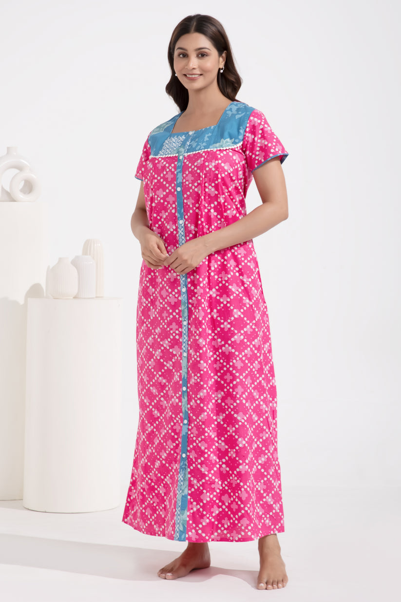 Floral Printed Front Open Pink Cotton Nighty