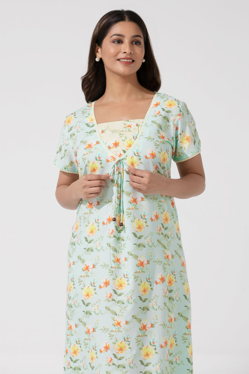 Soft Sea Green Floral Printed Nighty– Floral Yoke Design
