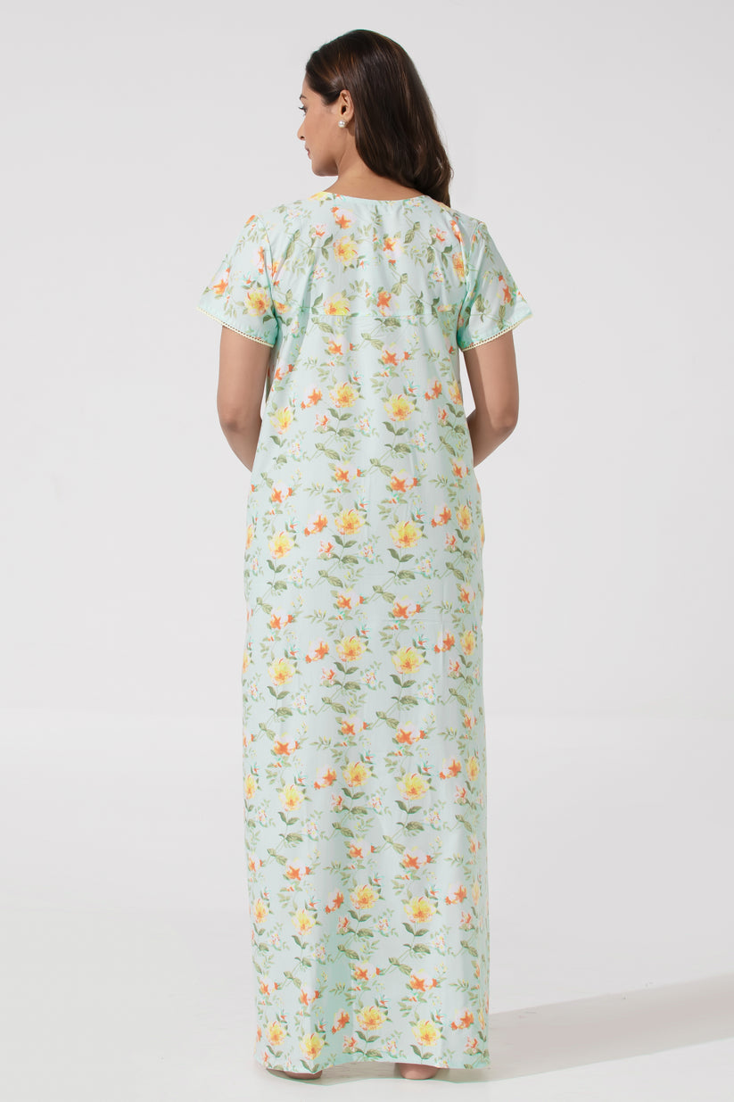 Soft Sea Green Floral Printed Nighty– Floral Yoke Design