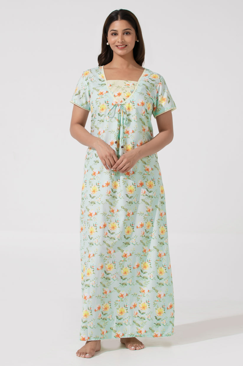 Soft Sea Green Floral Printed Nighty– Floral Yoke Design