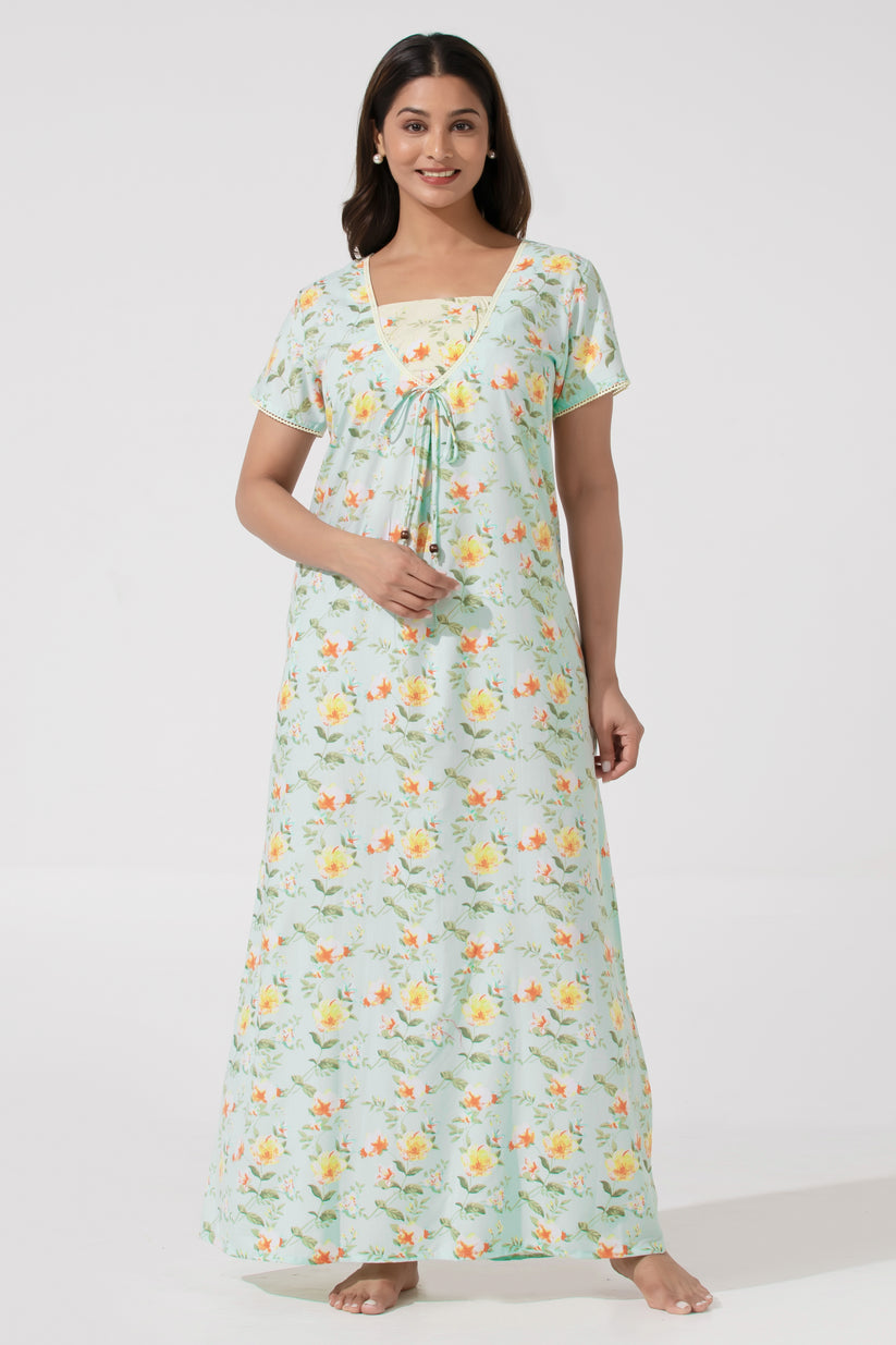 Soft Sea Green Floral Printed Nighty– Floral Yoke Design