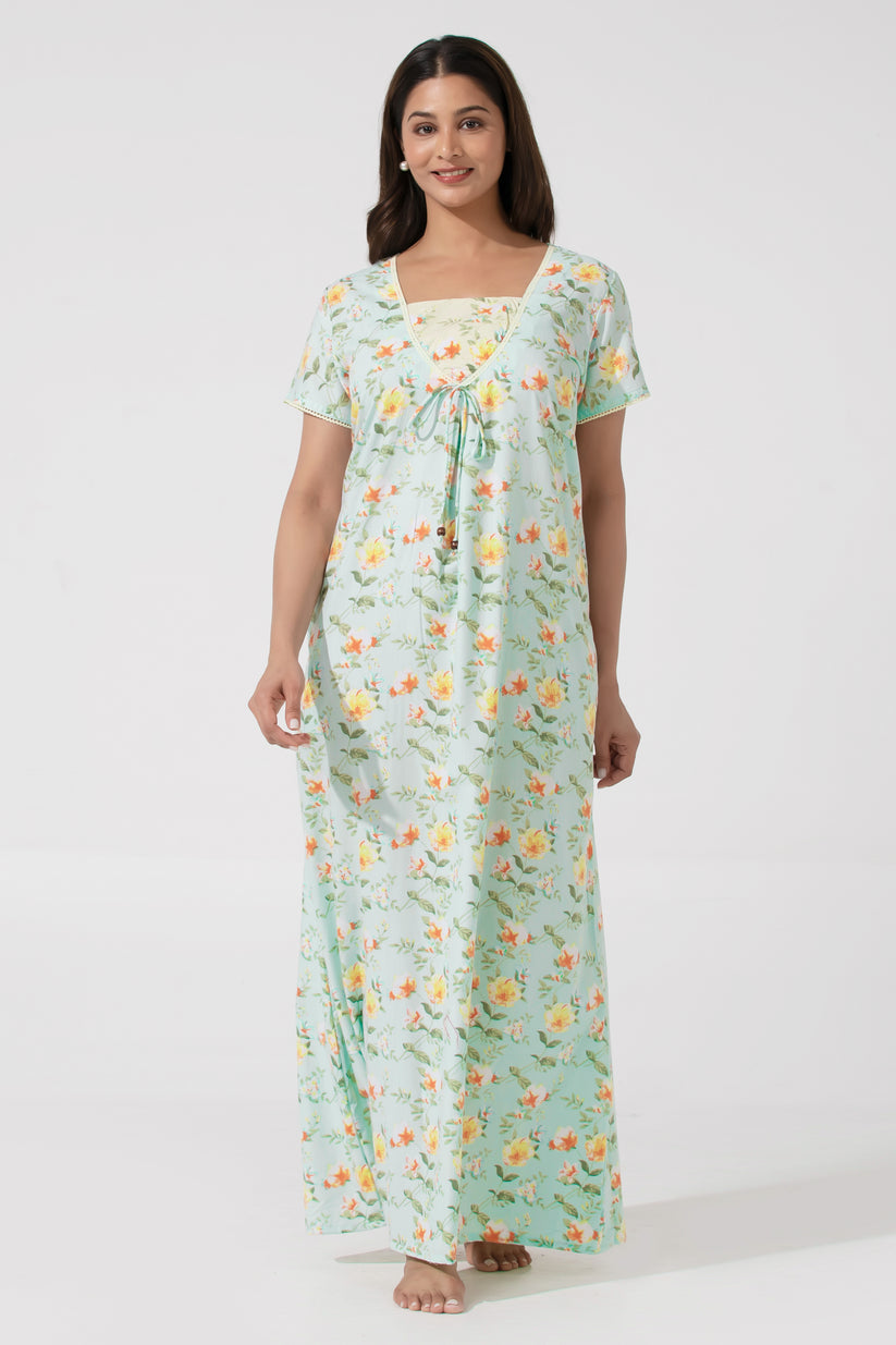 Soft Sea Green Floral Printed Nighty– Floral Yoke Design