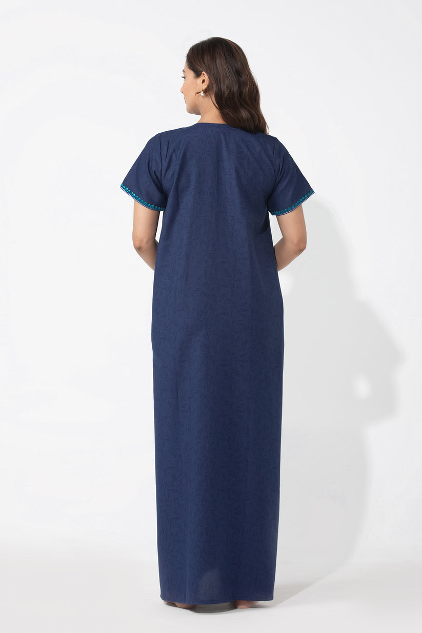 Blue Floral Printed & Embroidered Nighty