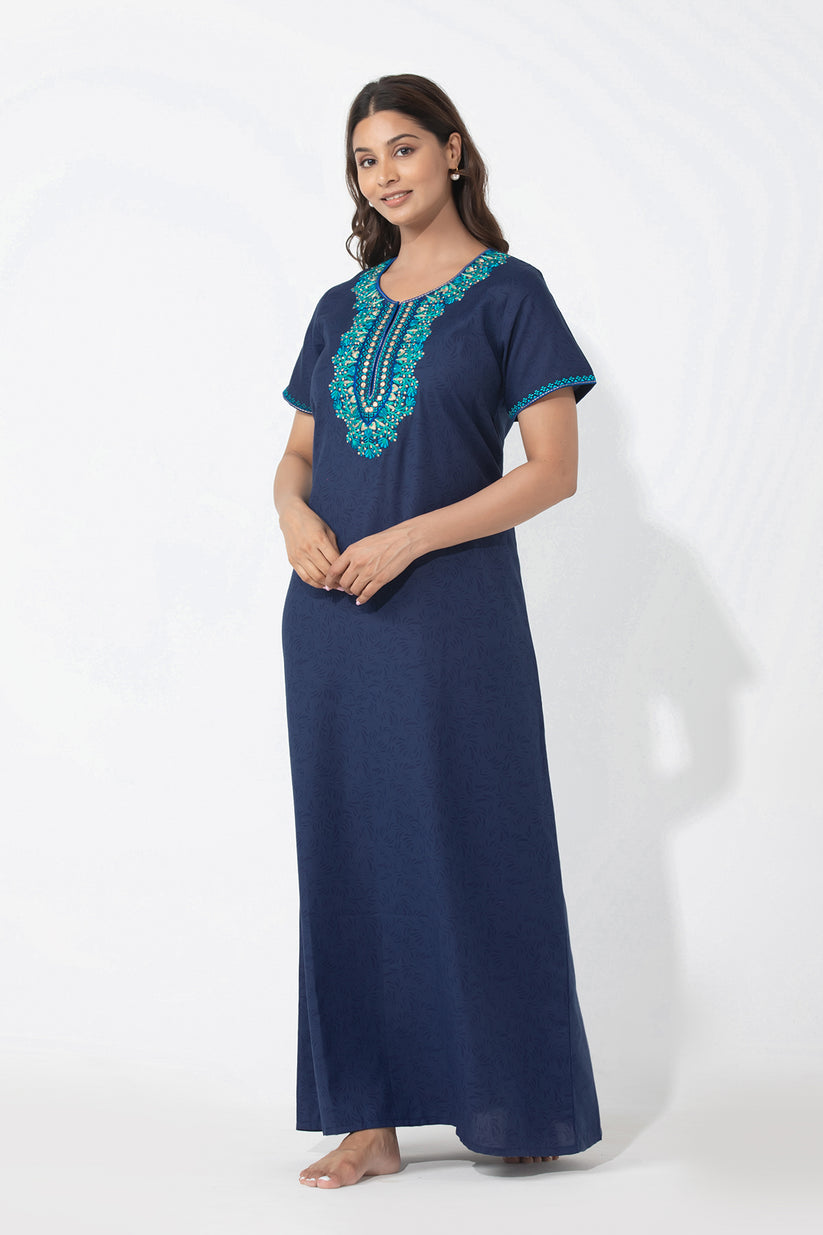 Blue Floral Printed & Embroidered Nighty