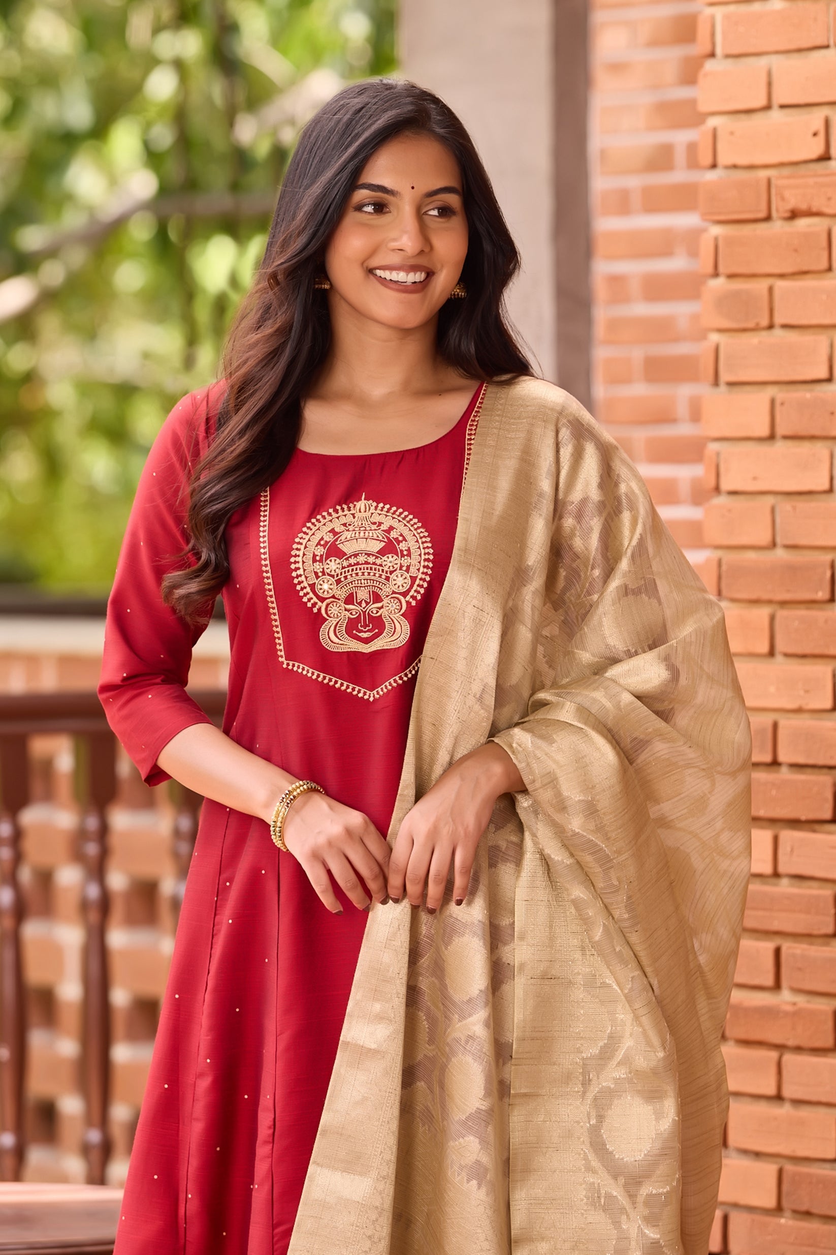 Red & Golden Embroidered Kathakali Kurta Set with Brocade Dupatta