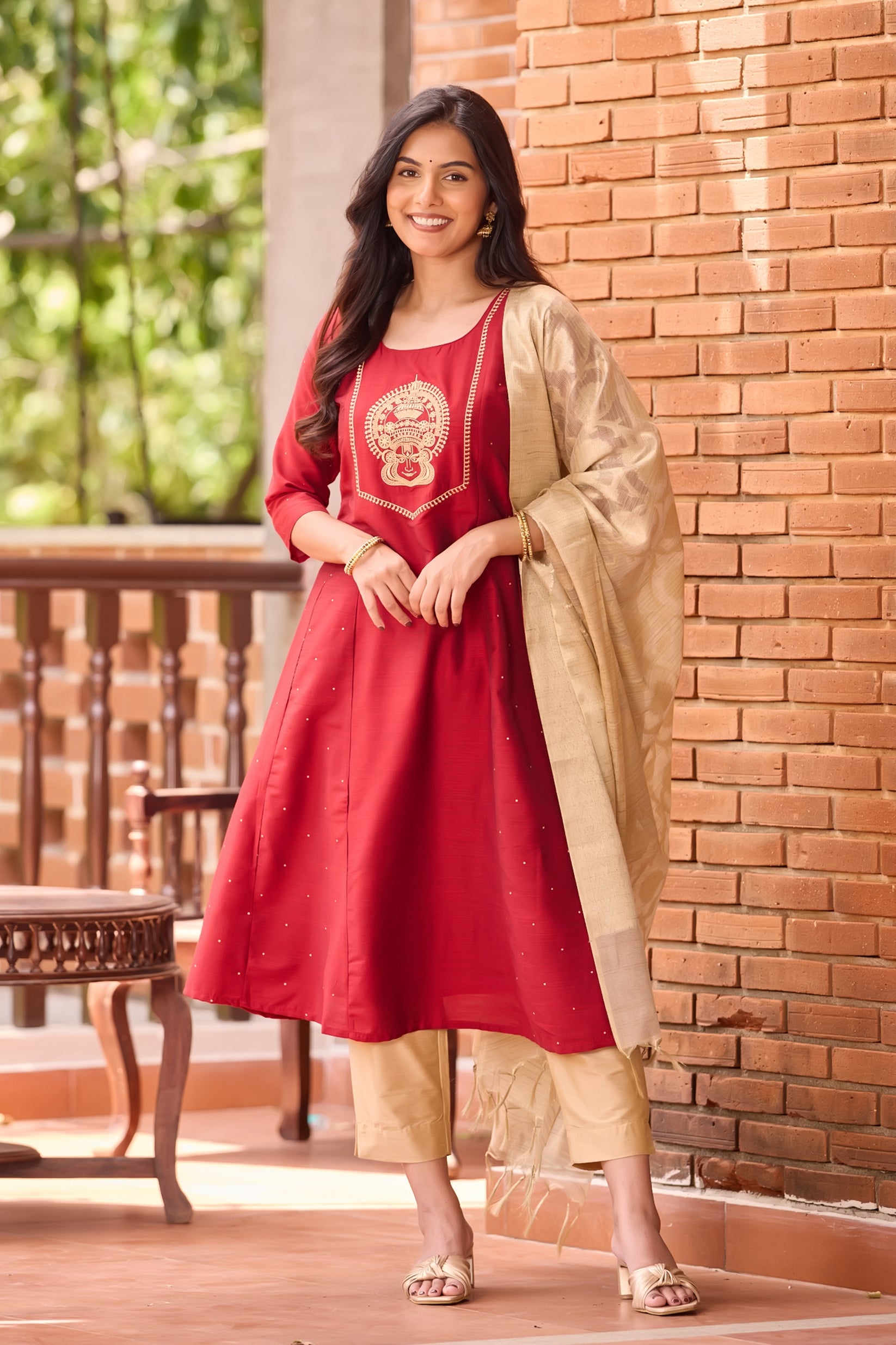 Red & Golden Embroidered Kathakali Kurta Set with Brocade Dupatta