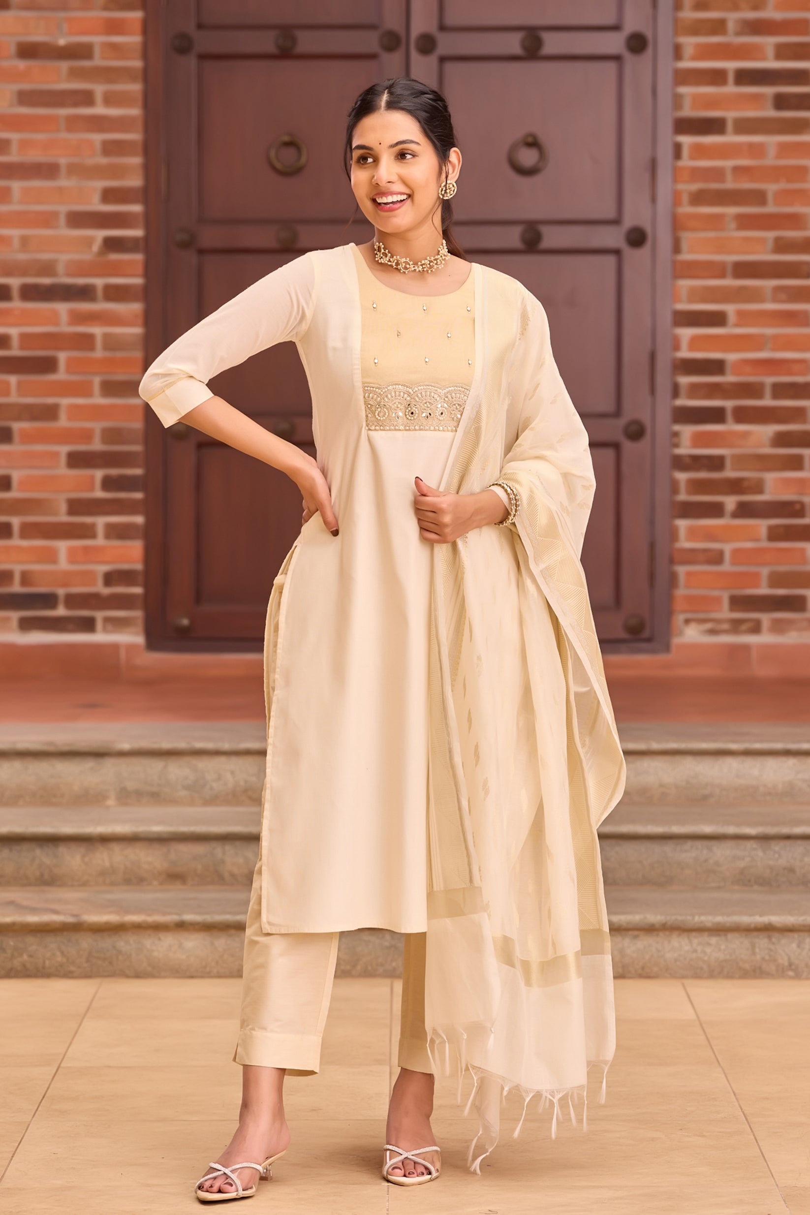 Off-White Mulmul Kurta Set with Kasavu Style Dupatta & Embellished Yoke