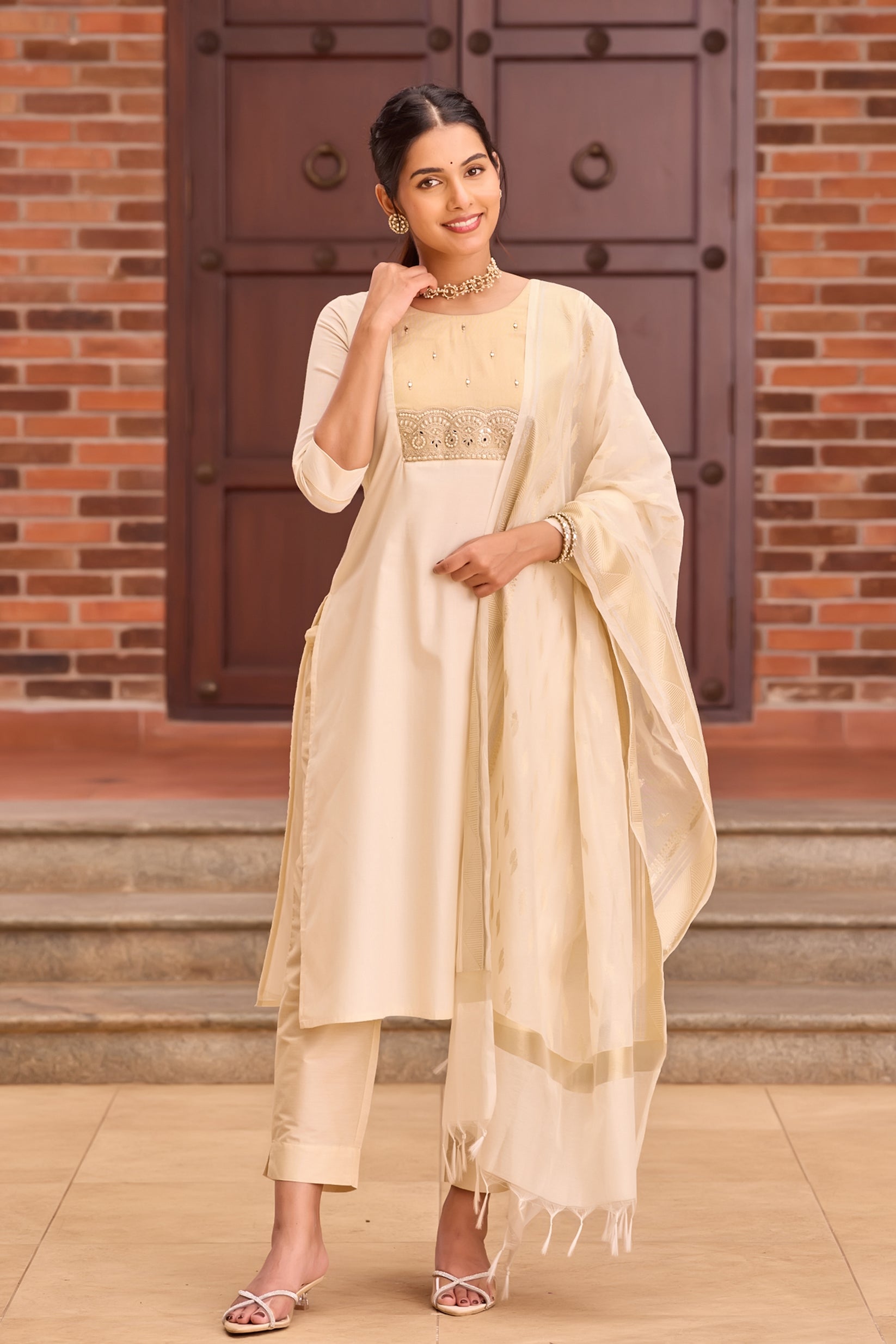 Off-White Mulmul Kurta Set with Kasavu Style Dupatta & Embellished Yoke