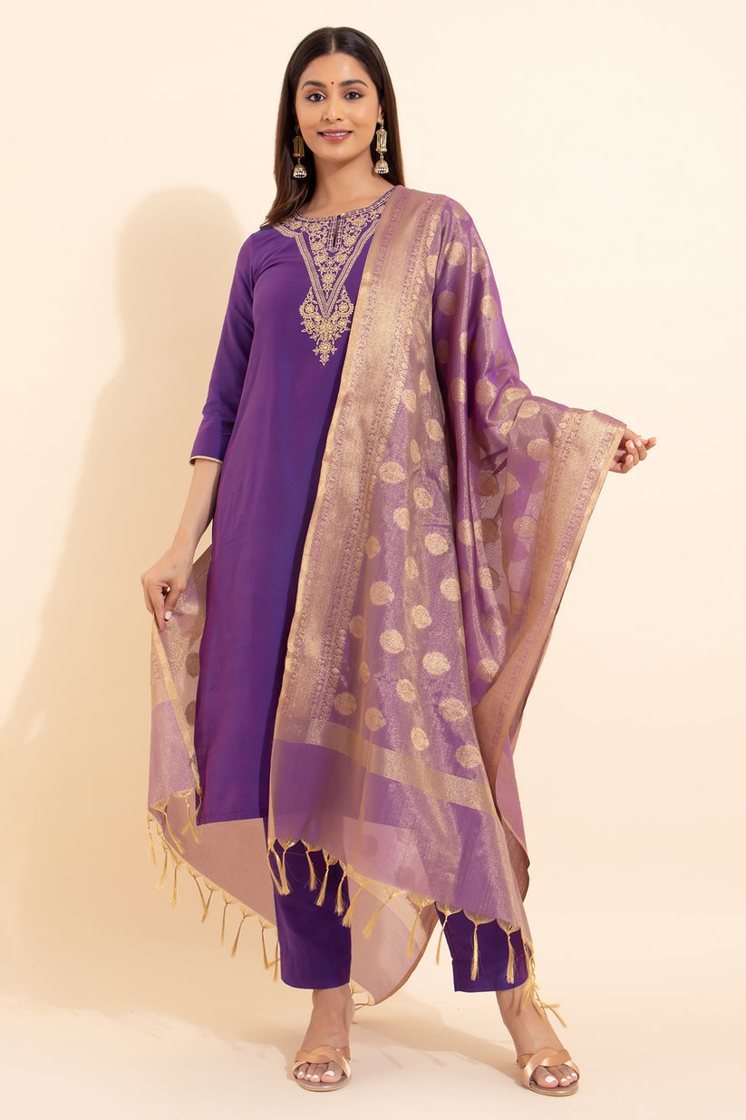 Floral Embroidered Kurta set with Brocade Dupatta - Purple & Gold