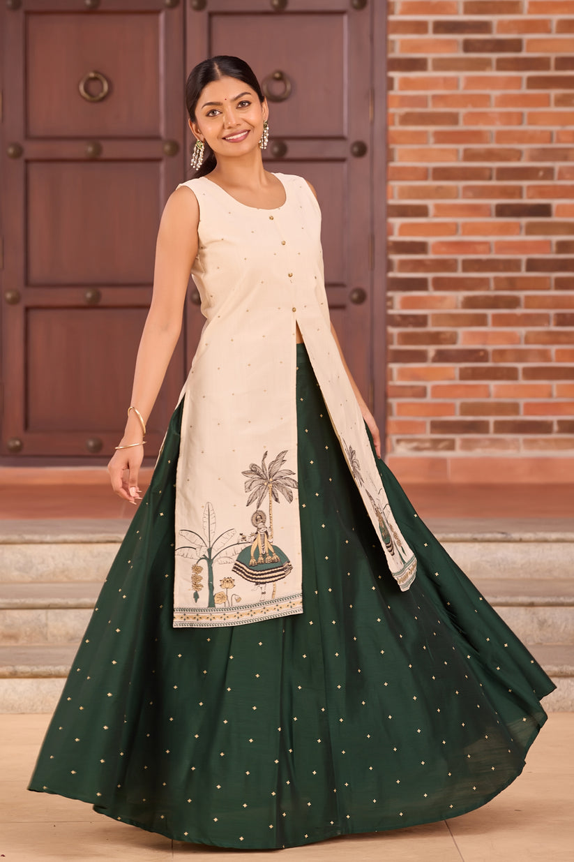 Off-White Printed Knee-Length Top & Bottle Green Floral Skirt Set